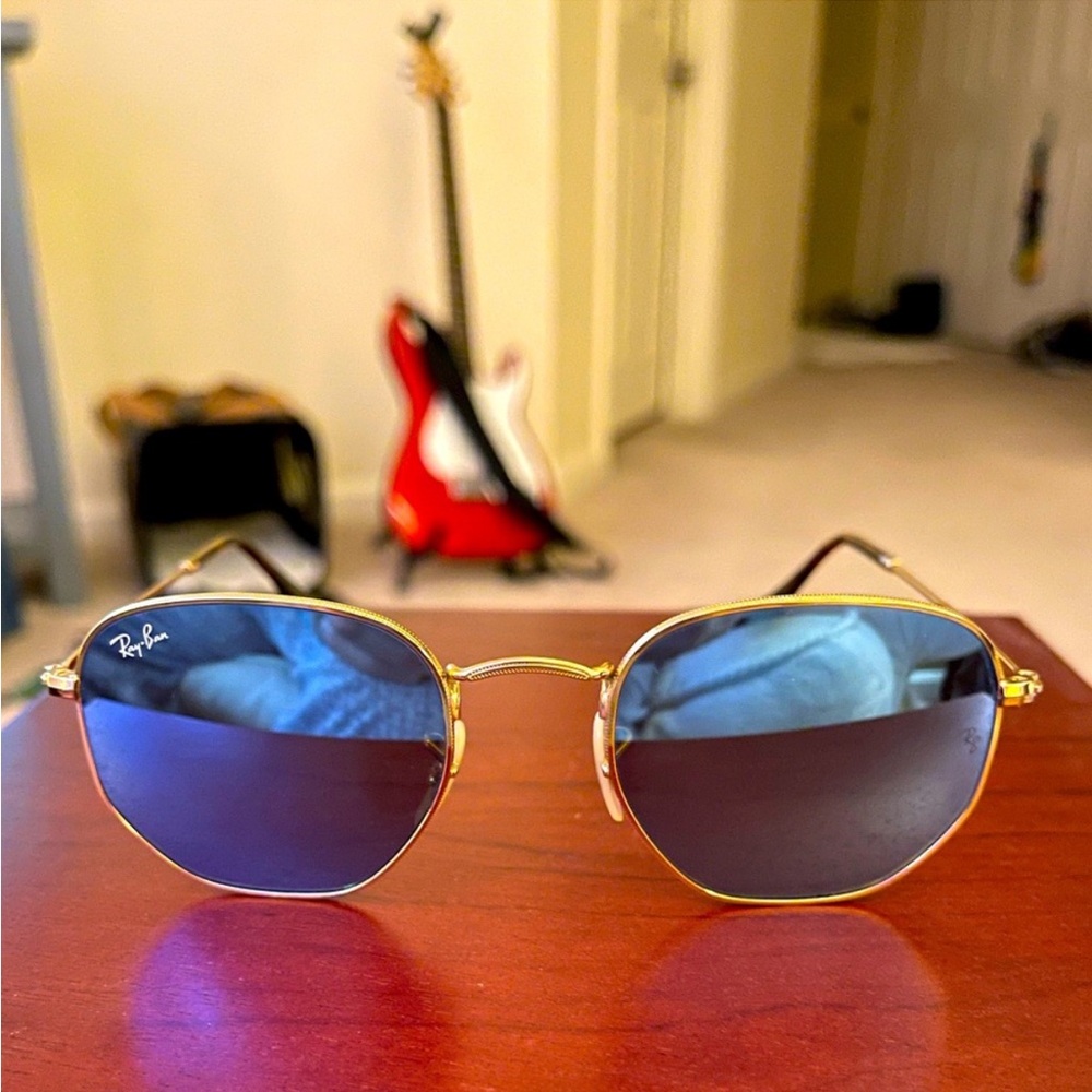 Ray-Ban Gold Frame Sunglasses with Blue Lenses